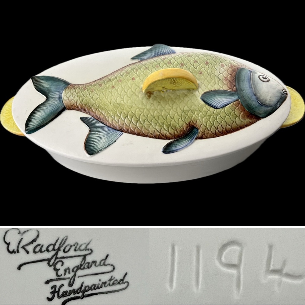🐠Vintage 1950s Fish Decor Ceramic Lidded Covered E Radford England Tureen Dish